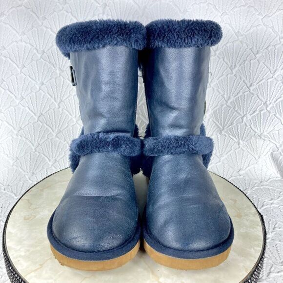 UGG Boots Womens Sz 10 Navy Blue Becket Suede Shearling Sheepskin Buckle Booties - Picture 3 of 13